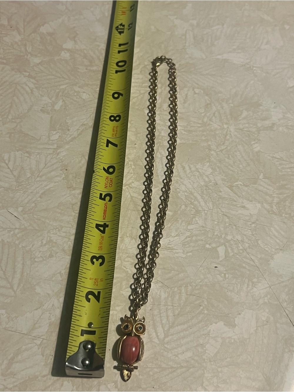 Vintage-Inspired Gold Owl Pendant Necklace with Pink Stone N155